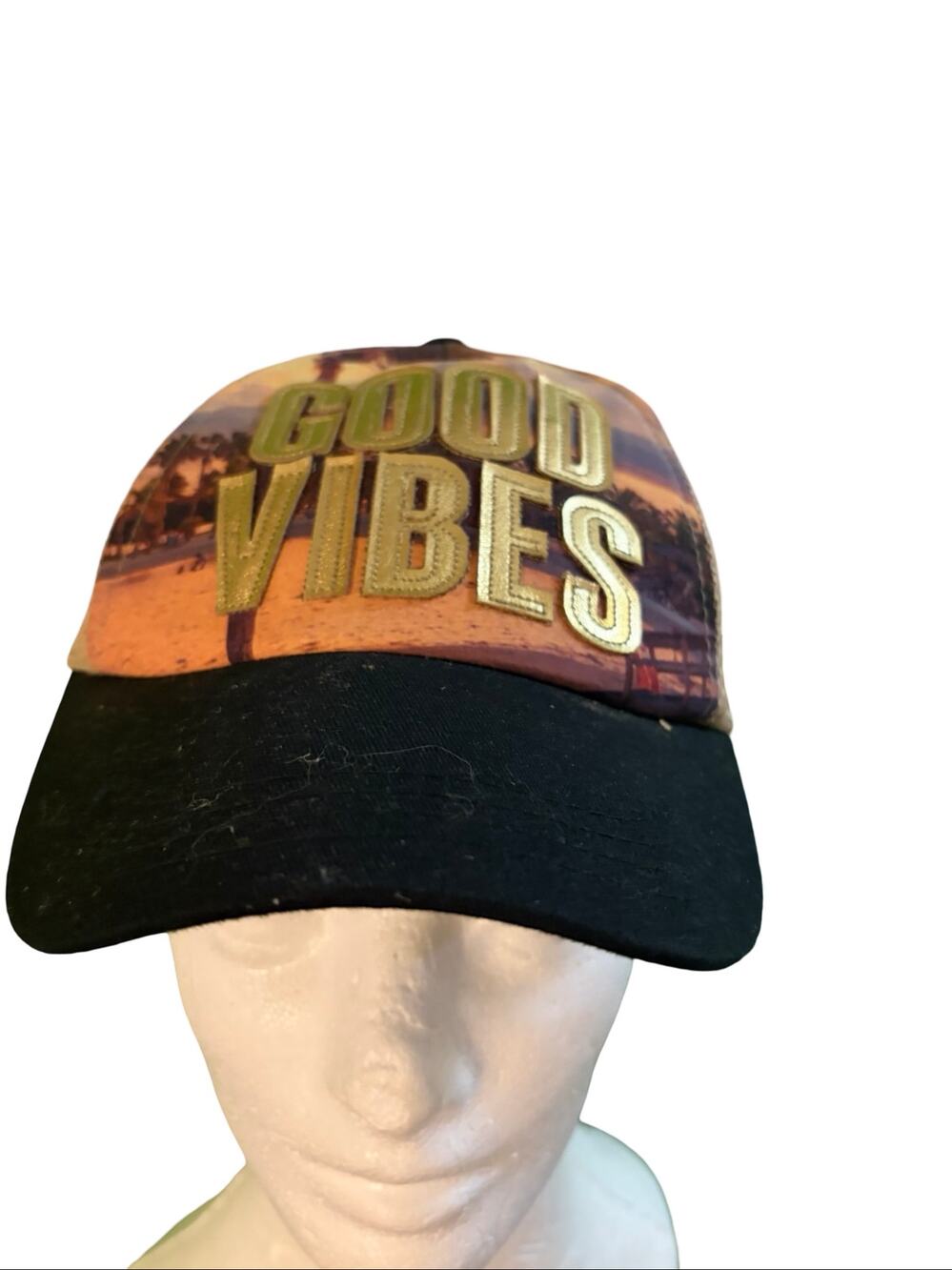 Good Vibes Trucker Hat Tropical Beach Print Snapback Adjustable Mesh Cap